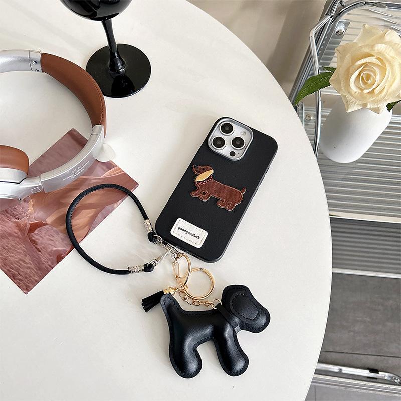 Imitation Leather Pattern Tpu Mobile Phone Case Is Suitable For Iphone16Promax Portable Rope Apple 15 Puppy Pendant 14 Women'S Models