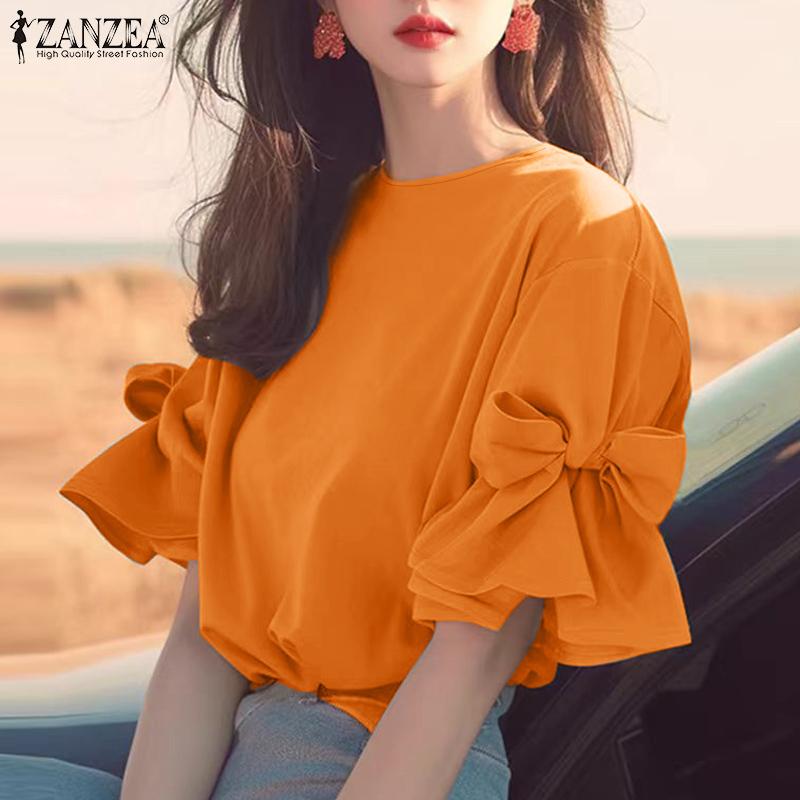 ZANZEA Women Fashion Round Neck Lantern Short Sleeve Tied Blouses