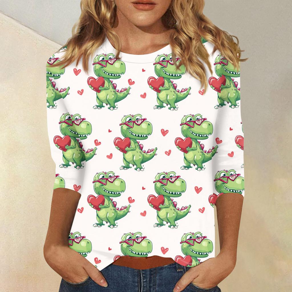 Damen Modisches Lässiges Dreiviertelarm Herzförmig Bedrucktes Rundhals-Top