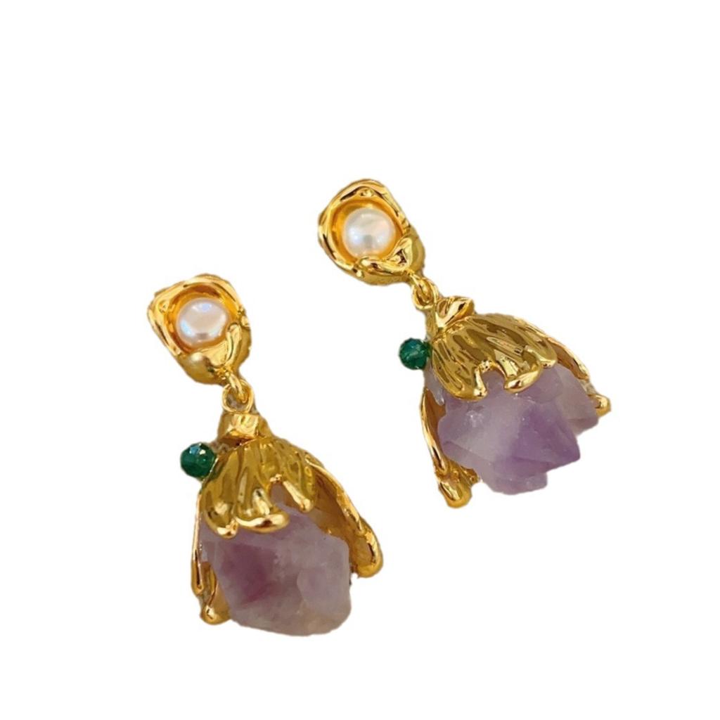 Medieval Style Niche Retro Amethyst Stone Earrings Light Luxury Temperament High-end Earrings Niche Design Ear Holes