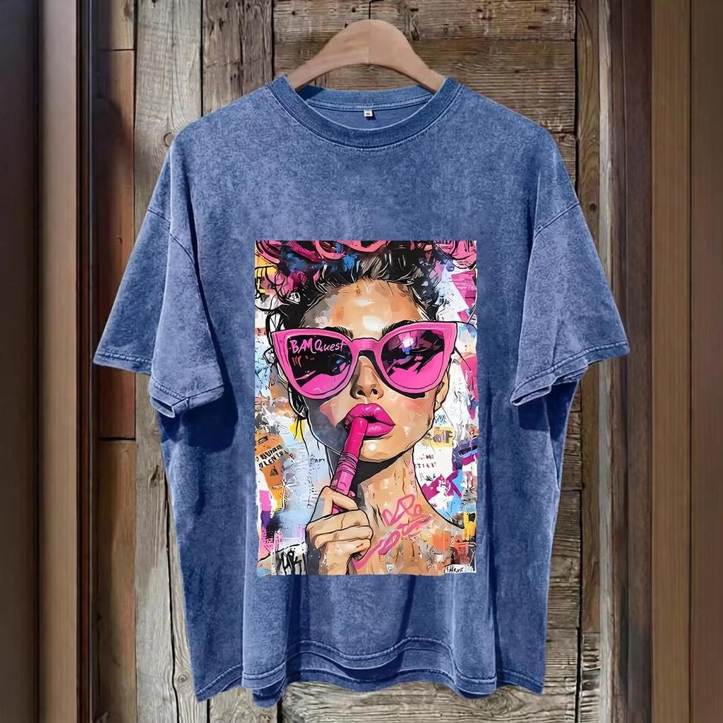 Gewaschenes Distressed T-Shirt Europäischer Amerikanischer Stil Grafikdruck Damen Freizeit Oberteil