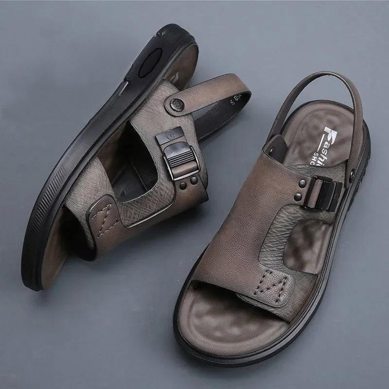 Men's Summer New Sandals and Slippers Men's Leather Sandals Adult Thick-soled Beach Shoes Non-slip Open-toe Leather Sandals 2024