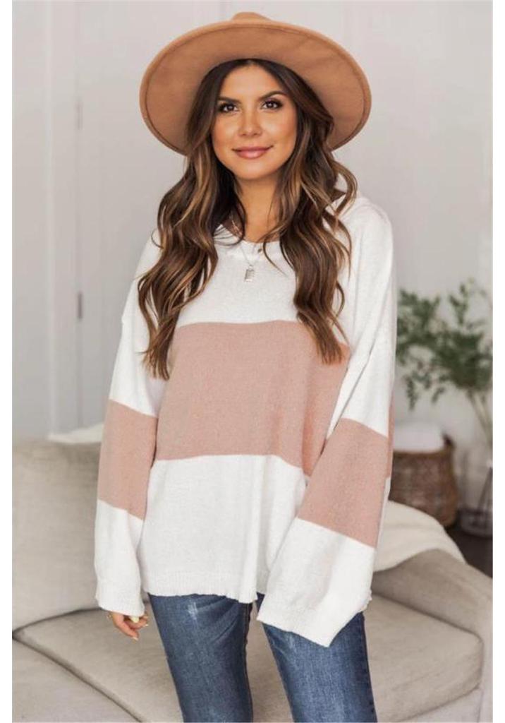 2025 New Style Plus Size Women’s Round Neck Color Block Striped Loose Knit Sweater