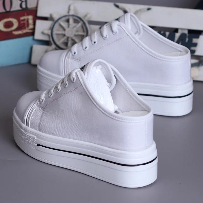 Fashion Spring Summer Women Slipper Pumps Canvas Shoes Internal-increase 8cm High Heels Solid Casual Student Outside Female Slippers