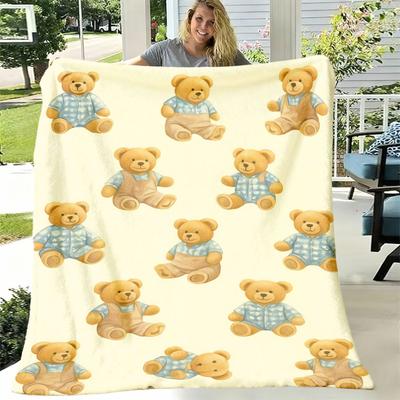 1pc Ultra-Soft Flannel Blanket with Adorable Teddy Bear Print Cozy Double Size, Perfect for Sofa, Bed, Recliner, Office & Camping Ideal All-Season Gif