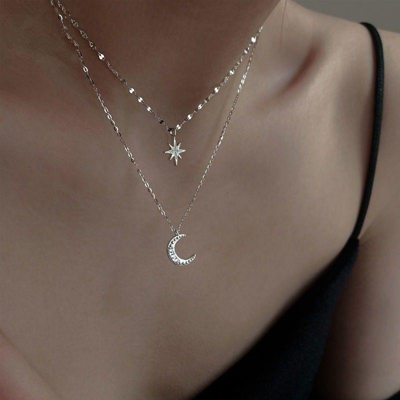 925 Silver Necklace for Women Double Layer Zircon Star Moon Pendant Necklace Delicate Chain Charm Elegant Fashion Jewelry Gifts
