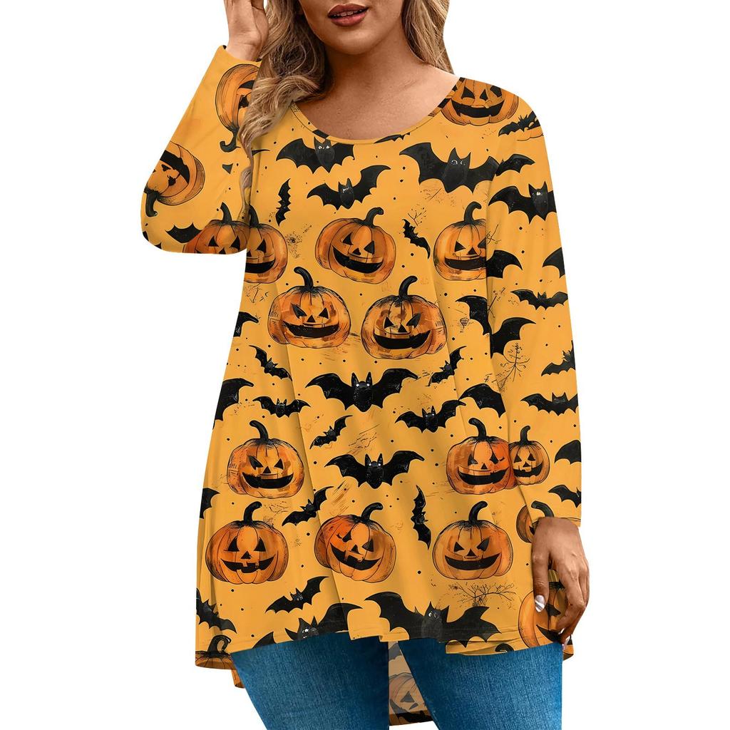 Women's Fashion Large Size Round Neck Long Sleeve Casual Halloween Print Loose Pullover Top