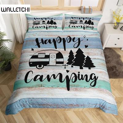 Camping Duvet Cover Set Cartoon Camper Comforter Cover Old Barn Door Bedding Set Cowboys Wooden Farmhouse Style for Kids Decor