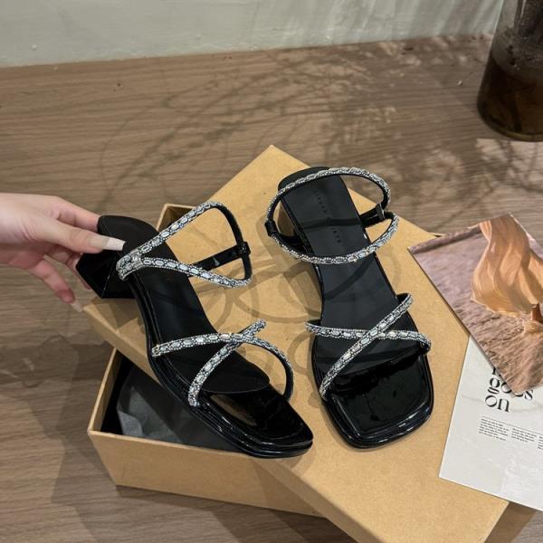 Mote Firkanttå Beige Hælsandaler 2025 Sommersalg av Damesko Svart Blokkhæl Åpen Nye Klare Retro Lave Mote Rhinestone Comfo