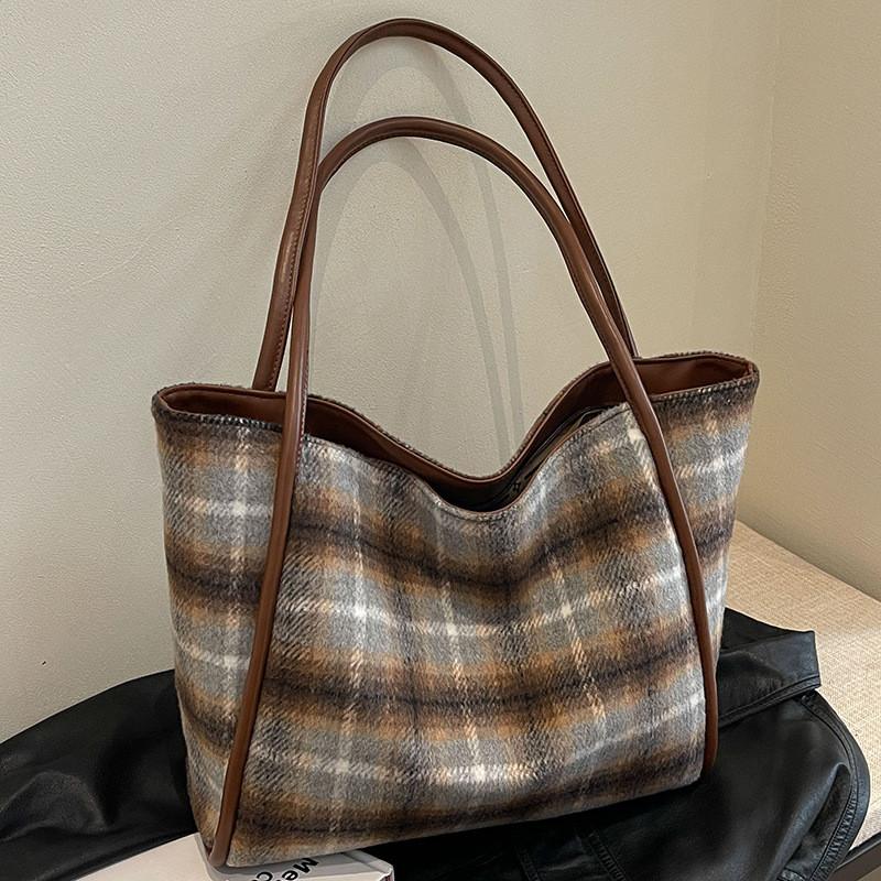 Ielgy Woolen Plaid Large-Capacity Tote Bag All-Match Casual One-Shoulder Class Com