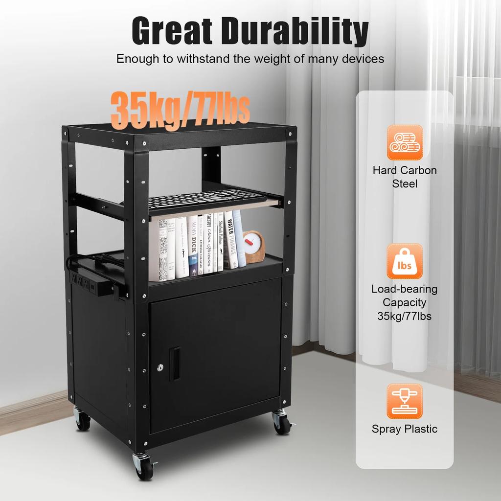 Steel AV Cart with Extra Storage,Rolling Projector Utility Cart with Locking Cabinet, Pullout Keyboard Tray and Cord Management