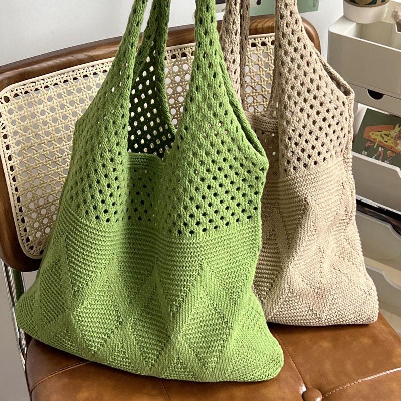 Korean Style Wool Knit Shoulder Bag - Solid Color, Versatile, Literary, and Simple Aesthetic.