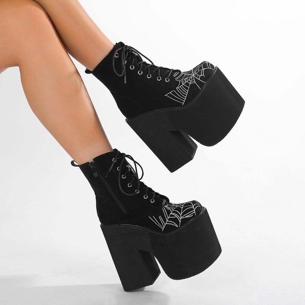 Gdgydh Damenstiefel Goth Spinnennetz Bestickte Schuhe Hoher Absatz Stiefeletten Hohe Plateauschuhe Qualität Mode Punk Klobige Absätze Reißverschluss