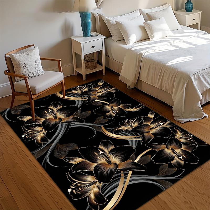 

Luxury Black Gold Floral Area Rug Elegant Lily Decorative Carpet for Opulent Home Decor Non-Slip Washable Floor Mat Retro Decor 40x60CM