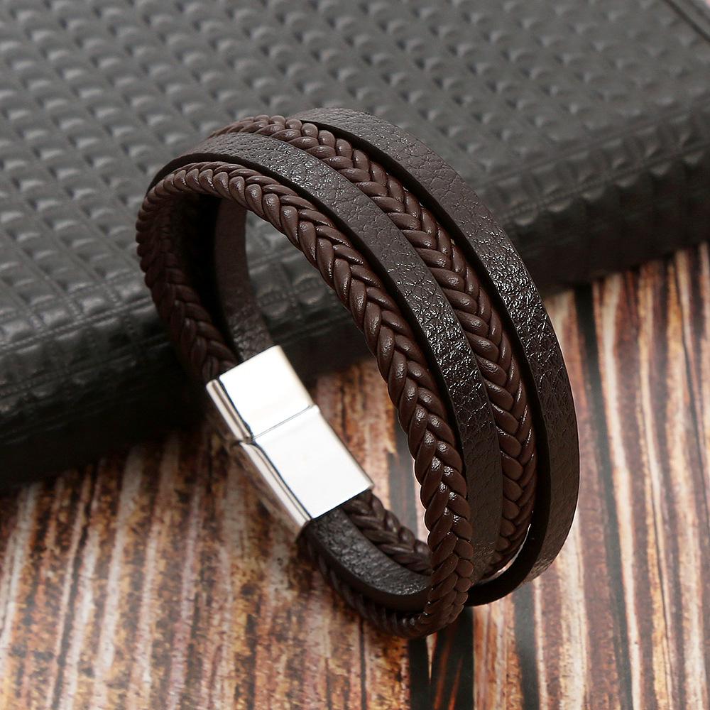 Unisex Hand-Woven Leather Bracelet with Magnetic Stainless Steel Clasp