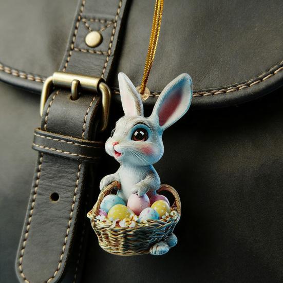 Easter Bunny Ornament 2D Flat Acrylic Bunny Car Rearview Mirror Charm Cartoon Bunny Egg Hanging Pendant for Home Car Window Backpack Holiday Decor
