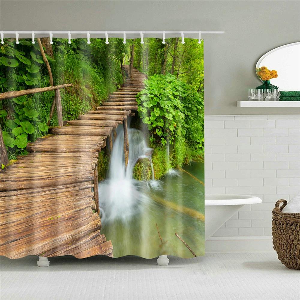 Hot Sale Natural Landscape Wooden Bridge Waterfall Shower Curtain Set Spring Scenery Green Forest 3d Waterproof Hanging Curtains
