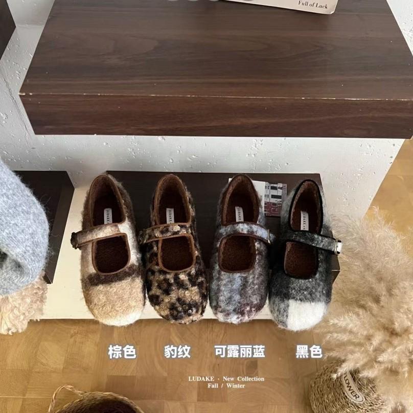 Inner Height Increase Leopard Print Mary Jane Fluffy Shoes Women Wear New Gray Woolen Single Shoes Thick-soled Velvet Cotton Shoes In Winter