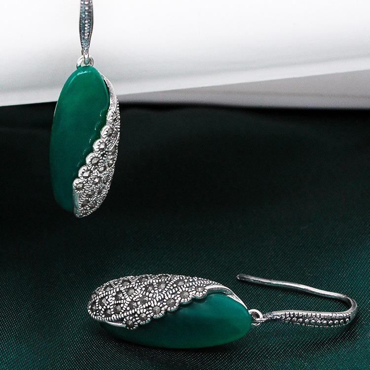 Jade Angel Thai Silver 925 Sterling Earrings with Synthetic Garnet and Green Agate Cat's Eye Dangle Design.