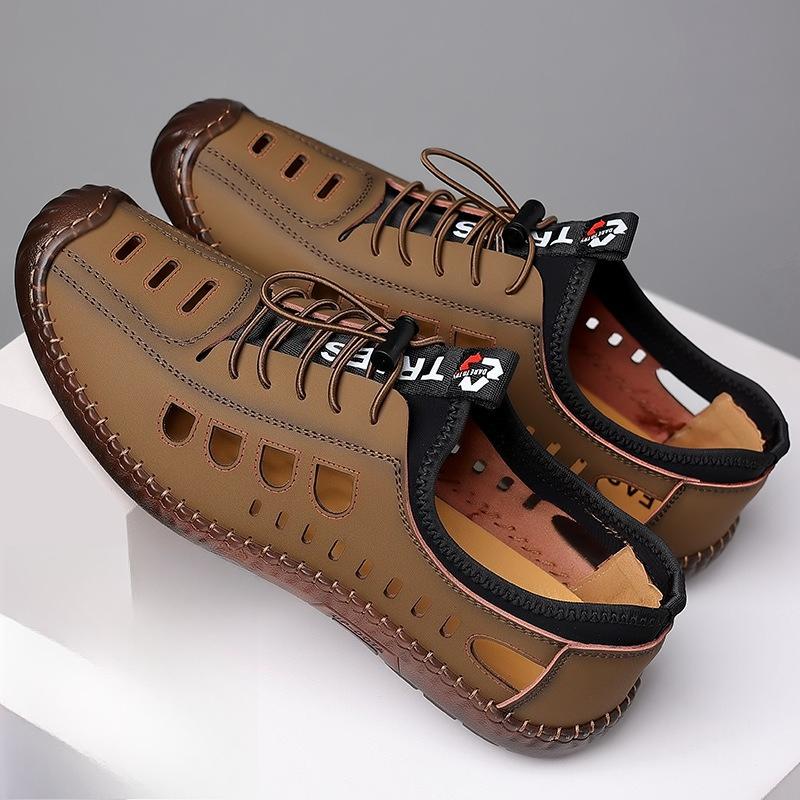 Fashion 2025 Summer Mens Handstitched Soft Leather Hollow-Out Sandals Breathable Casual Shoes Lightweight Soft Sole Comfortable Footwear