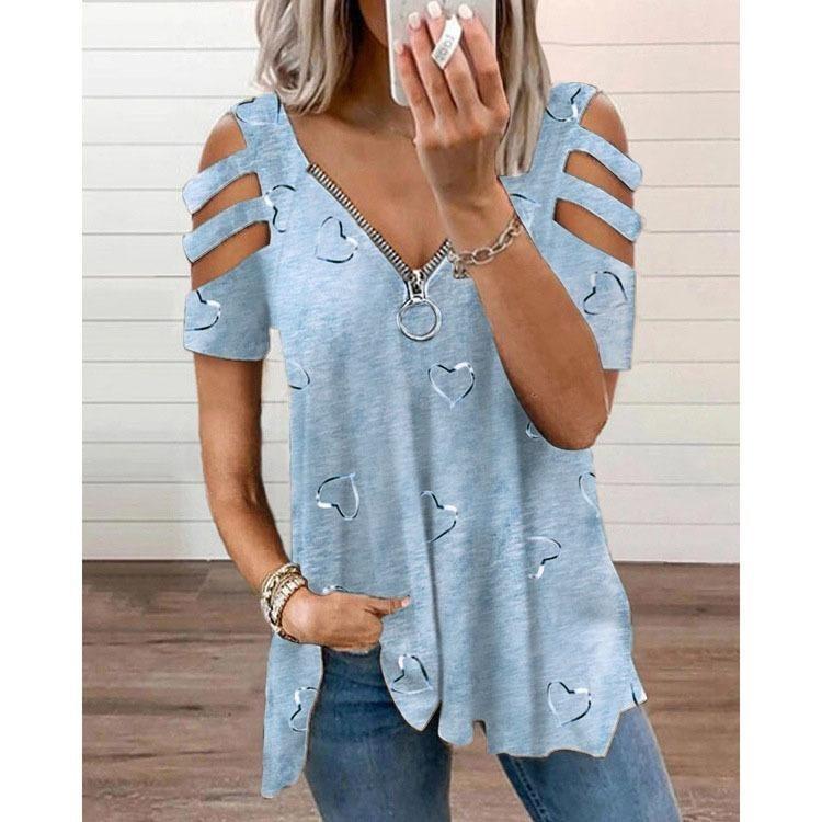 Women Plus Size Summer Casual V Neck Short Sleeve Hollow Zipper T Shirt