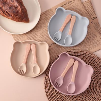 Color Kids 3PCS Cartoon Bear Silicone Feeding Set Sucker Bowl Wooden Handle Spoon Fork BPA Free Infant Self Feeding Gifts