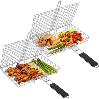 Portable Grill Baskets Multi-functional Stainless Steel Barbecue Grid with Wooden Handle Grilling Baskets for Family Outdoor BBQ