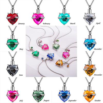 Always In My Heart Stainless Steel Birthstone Heart -Shaped Glass Clavicle Chain Perfume Bottle Keepsake Necklace Jewelry