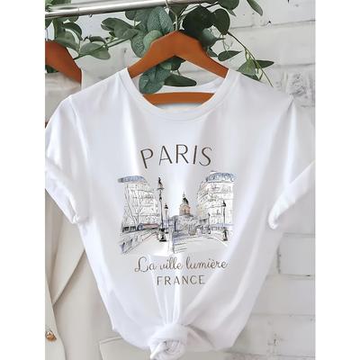 Europäische Größe Paris Aufdruck T-Shirt, Kurzarm Rundhals Lässiges Oberteil für Sommer und Frühling, Damenbekleidung