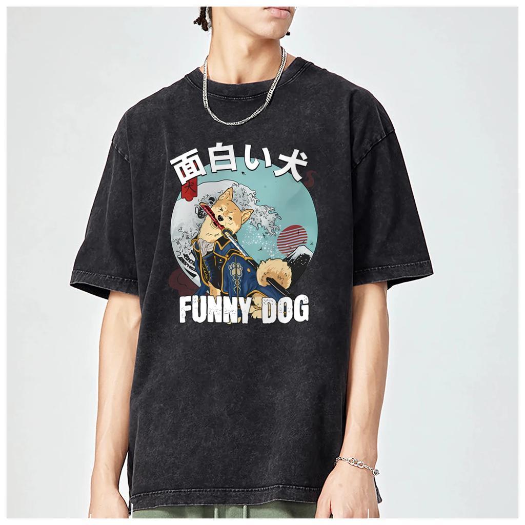 Japanese Style Dog Anime Graphic Streetwear Oversized T Shirt Mens Womens Trendy Fashion Vintage Washed Cotton Tops