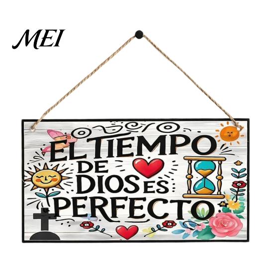 Entrance Wall Hanging Decor Spanish Religious Prayer Ornament with Rose Cross Flower, Inspirational Art Wooden Decorative Pendant for Living