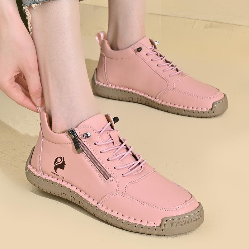 Women's Sneakers Round Toe Leather Shoes Fashion Casual Solid Color Zipper Boots