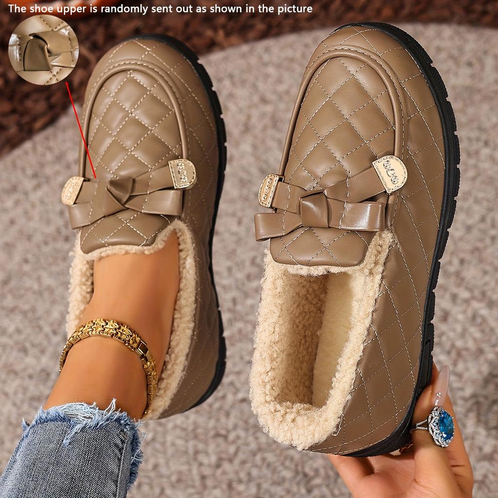 Women's Quilted Faux Leather Loafers with Golden Buckle and Faux Fur Lining