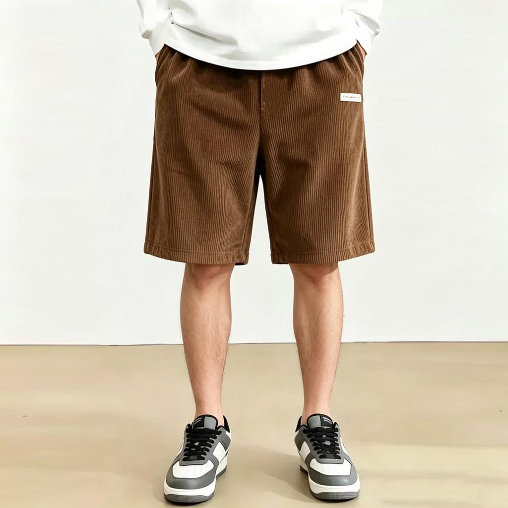 Mens Corduroy Shorts Relaxed Fit Knee Length Straight Leg Casual Shorts with Elastic Waistband and Side Pocket Design for Everyday Wear