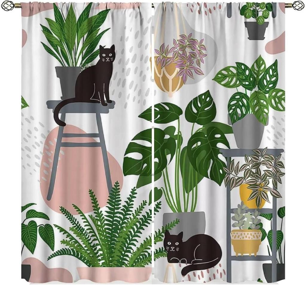 Plants Curtains, Boho Potted Green Leaves Botanical Aesthetic Garden Cartoon Animal Window Drapes for Living Room Kitchen