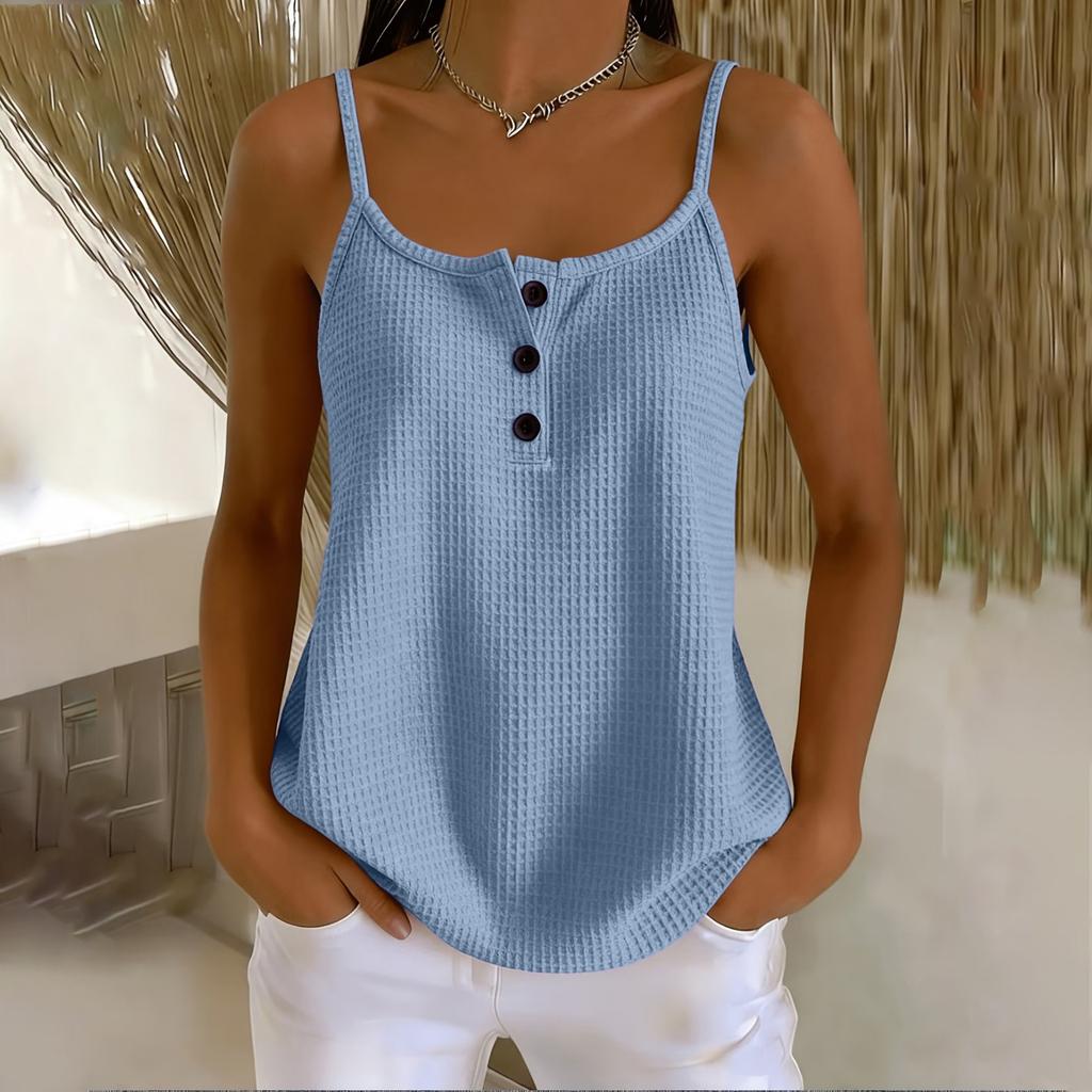 Damen Waffelstrick Tanktop Knopfleiste Ärmellos Lässig Sommer Bluse Leichtes Weiches Gewebe