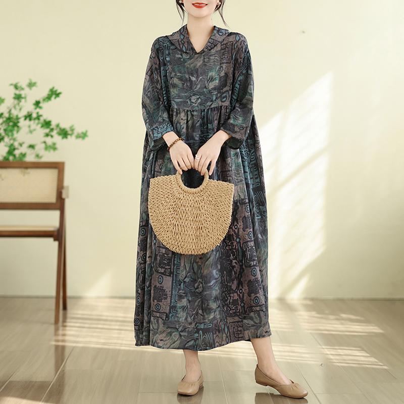 DIMANAF New 2026 Women Plus Size Summer Maxi Long Dress Cotton Hooded Loose Oversize Casual Lady Vintage Print Beach Sundress