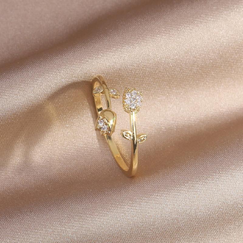 Korea  Design Fashion Jewelry 14K Real Gold Plated Leaf Zircon Cat Double Tulip Ring Elegant Women's Opening Adjustable Ring