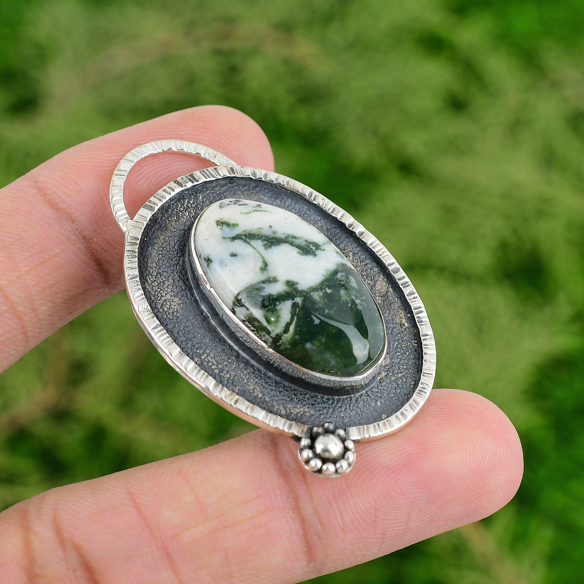 

Овальный Натуральный Моховой Агат День Рождения Безель Ручной работы Подвеска 925 Стерлинговое Серебро
