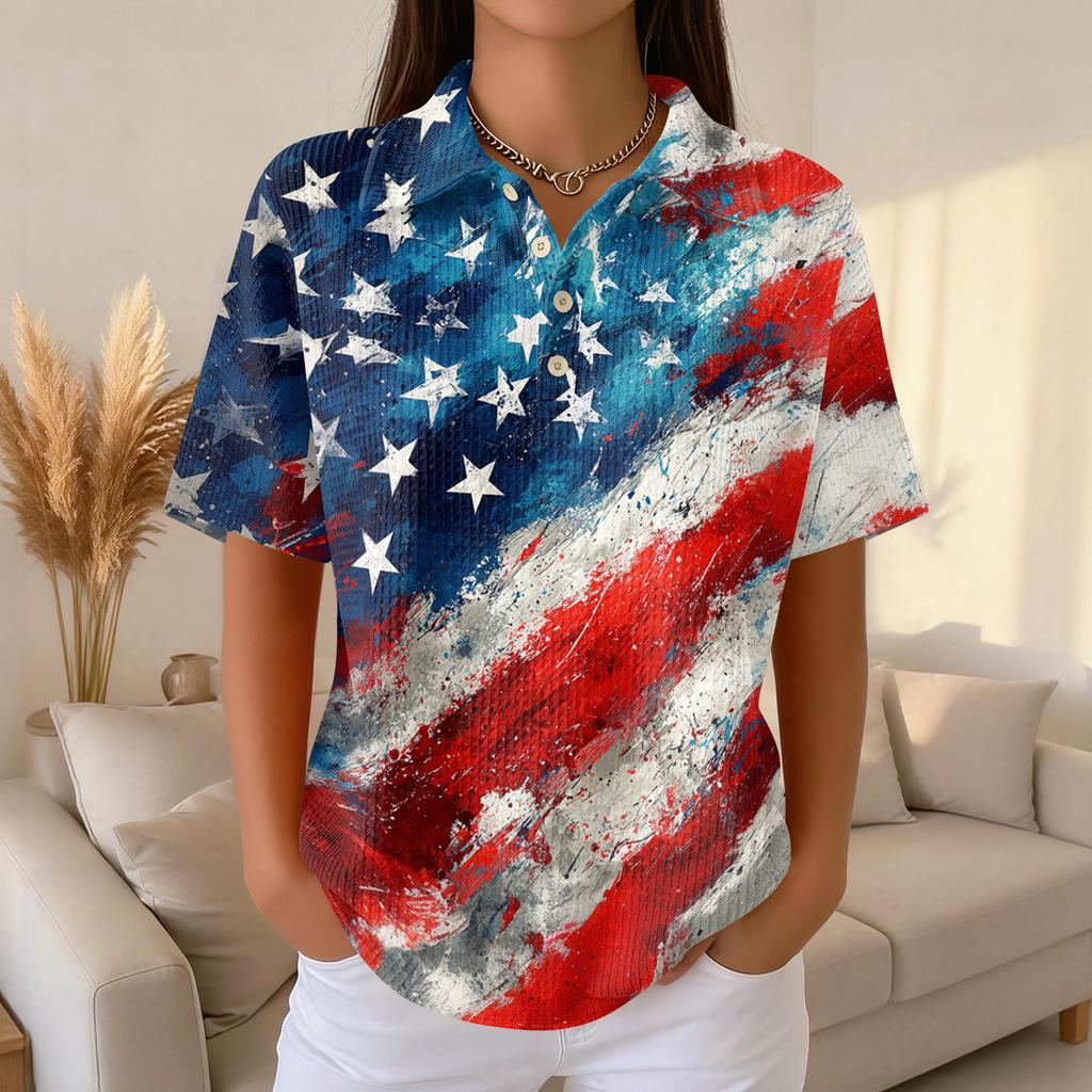Women’s Short Sleeve Button Down Shirt with Star and Stripe Print Casual Loose Fit Blouse Lightweight Summer Top for Everyday Wear