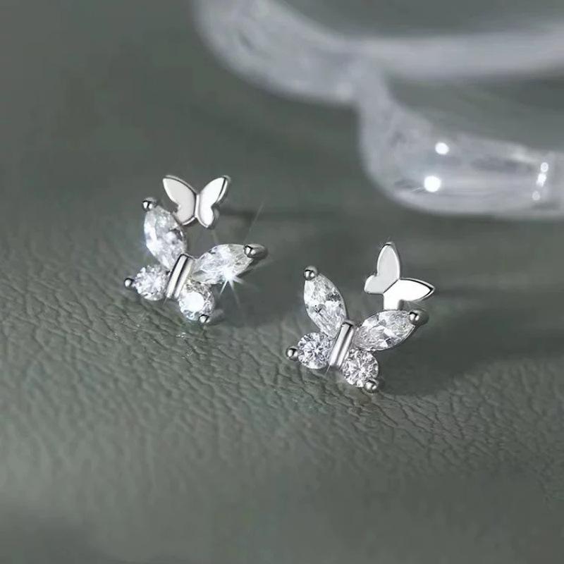 New silver needle zircon butterfly stud earrings female sweet temperament earrings niche design versatile earrings simple