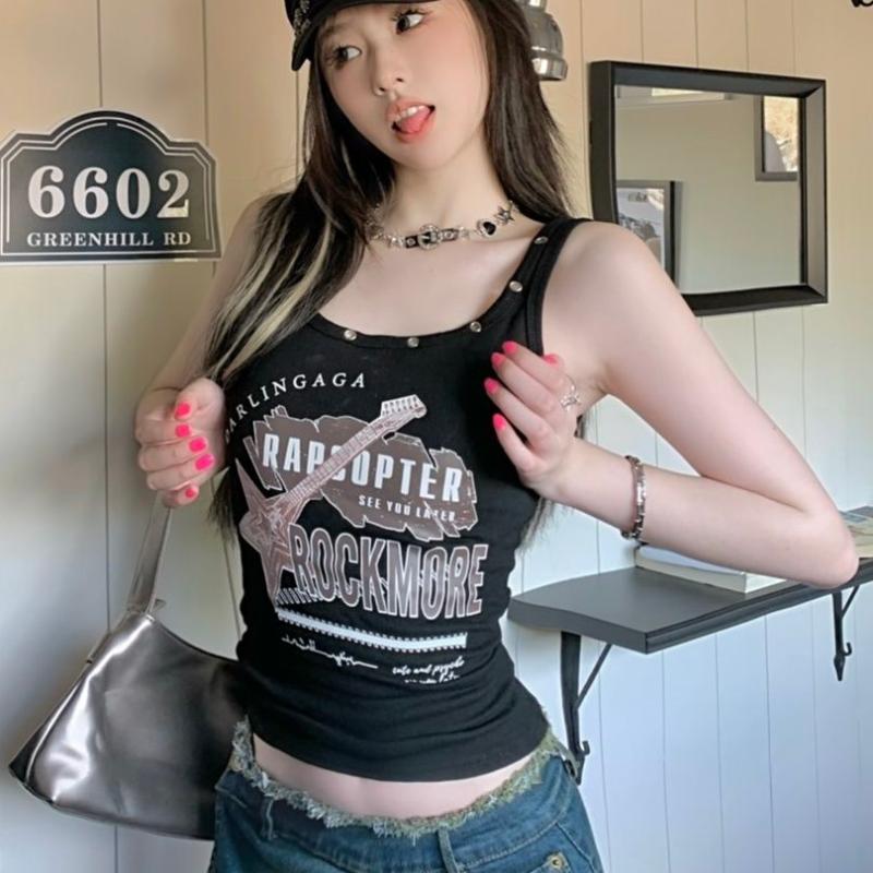 Dámské topy Y2K Retro trička bez rukávů Černé dívky Ležérní vesta Street Wear Letní vnitřní topy