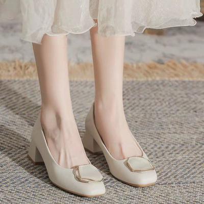 Soft Leather Medium Heel Thick Heel High Heels Autumn New Gentle Fairy Temperament French Less Single Shoes