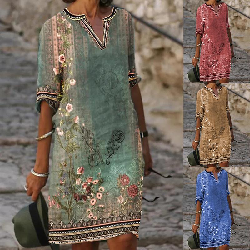 2023 Spring/Summer Women's Ethnic Style Printed V-Neck Dress