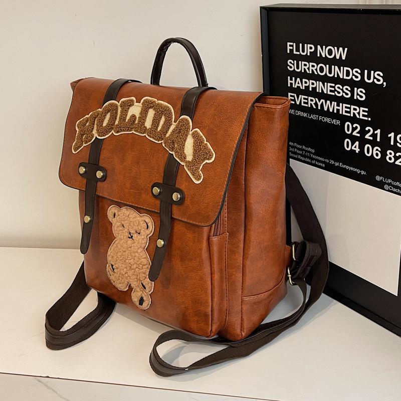 Retro Backpack Women Letter Bear Print Commuter Bag Large Capacity Student School Bag