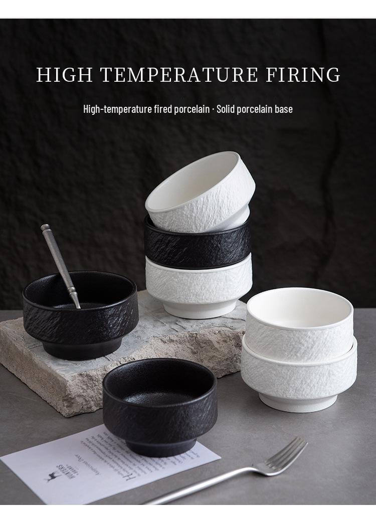 Black and White Ceramic Rice Bowl - Rock Texture Household Tableware for Soup, Salad, Dessert