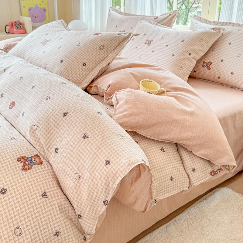 Cotton 4-piece Set Thickened Brushed Fresh Cotton Bed Sheet Quilt Cover Hats Models Dormitory 3-piece Set