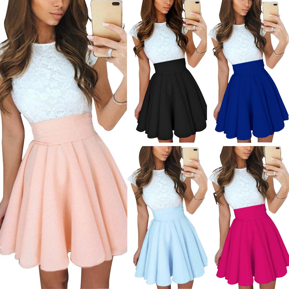 Buy Lace Dress Splicing Cup Sleeve Oneck Women Belt Pleated Aline