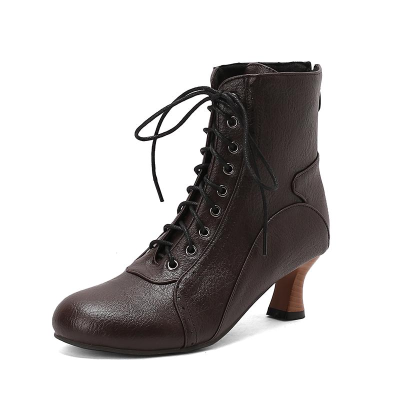 New Lace Up Ladies High Heel Shoes Strange Steampunk Boot Victorian Ankle Boots Women Pointed Toe Thick Soled Short Boots