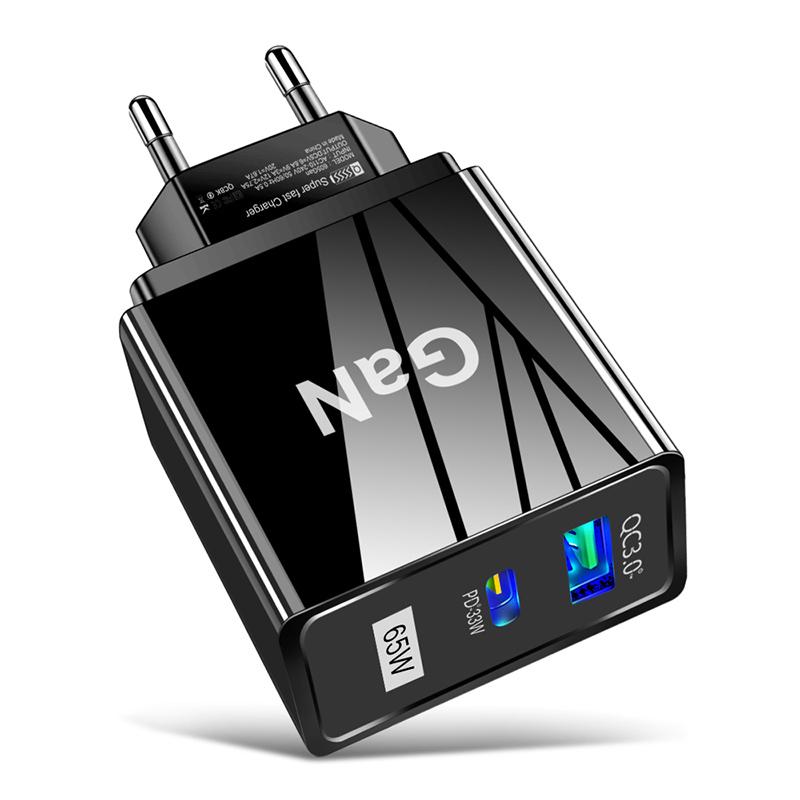 US/EU/UK Plug 65W GaN Fast Charger QC3.0 USB+Type-C PD For IOS Android Charge 5V/6.6A 9V/3A 12V/2.75A 20V/1.67A Quick Charging